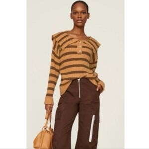 Line & Dot Sweater Brown Striped Popover Collared Stretch Size XS